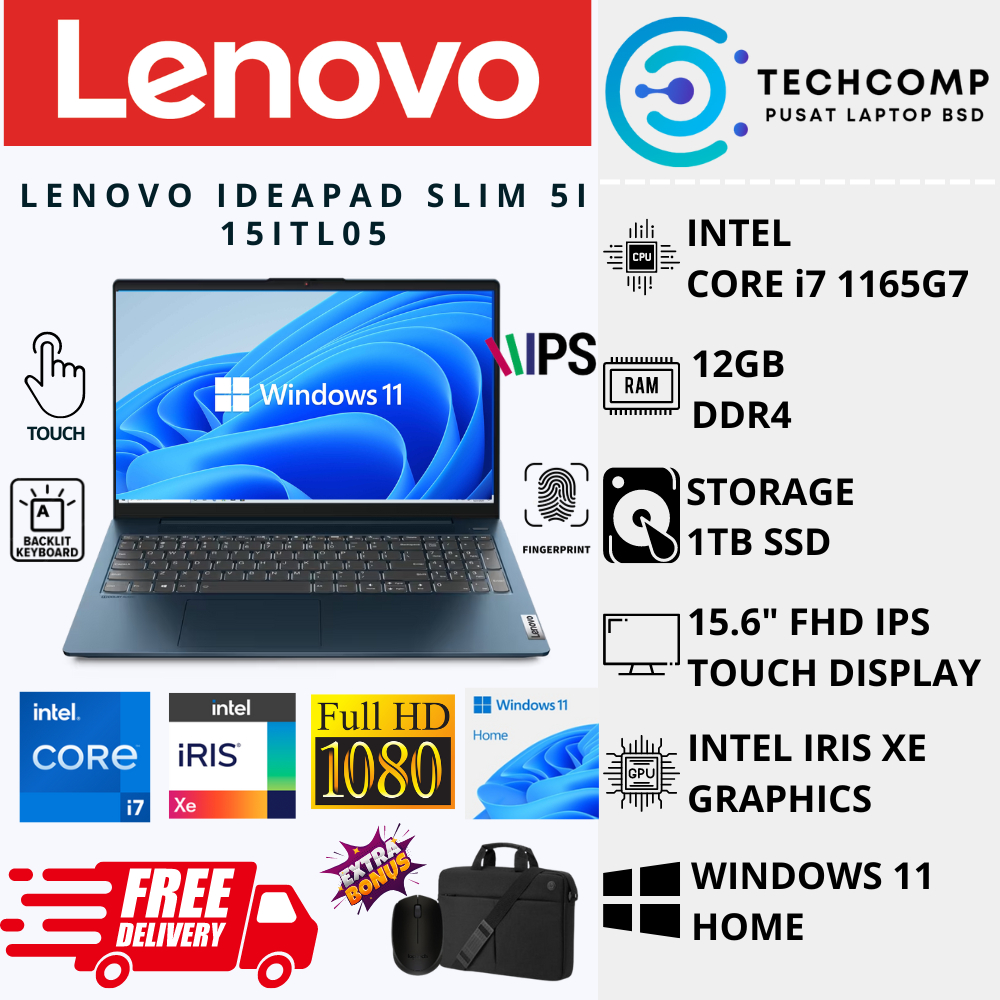 LAPTOP LENOVO SLIM 5I 15 INTEL I7 1165G7 RAM 12GB 512GB SSD FHD TOUCH IPS WIN11