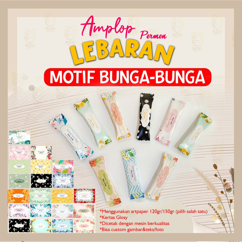 

amplop permen panjang motif bunga, snack, dan kotak kotak