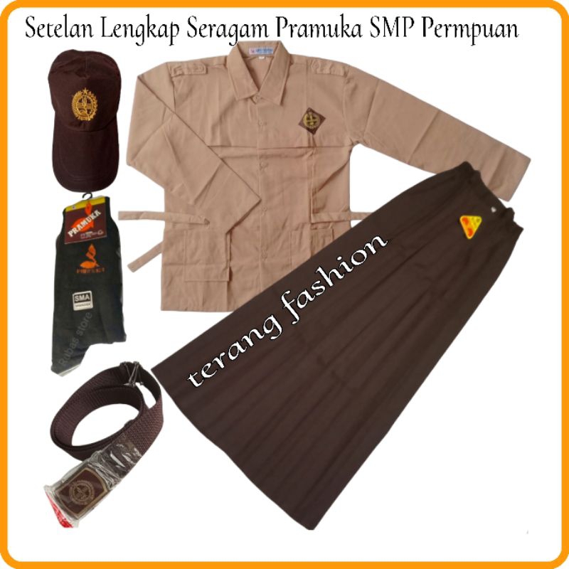 Setelan Seragam Pramuka SMP/SMA Perempuan Baju Panjang Rok Panjang Lengkap