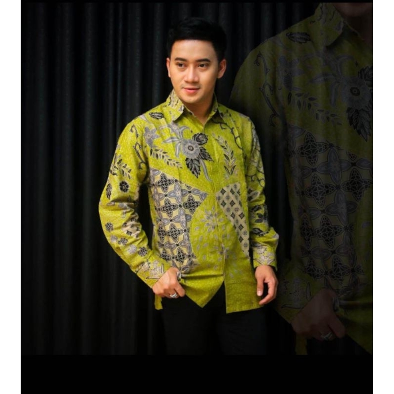 Couple gamis wanita dan kemeja pria lengan panjang warna hijau lemon