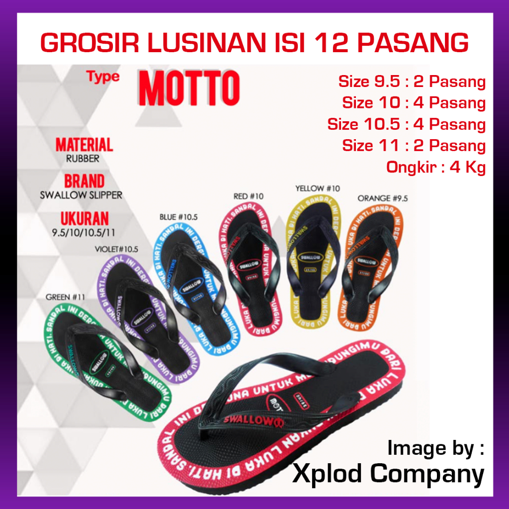 (12 Pasang) Grosir Lusinan Sandal Swallow Motto Ukuran Seri 9.5 – 11 Grosiran 1 Lusin Terbaru