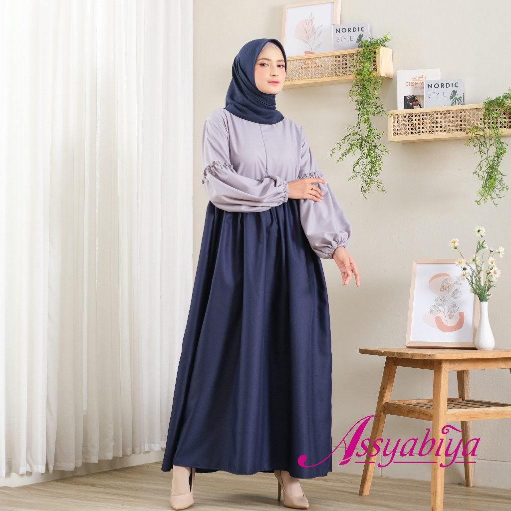 Assyabiya Gamis Wanita Cantik Twotone Katun Import