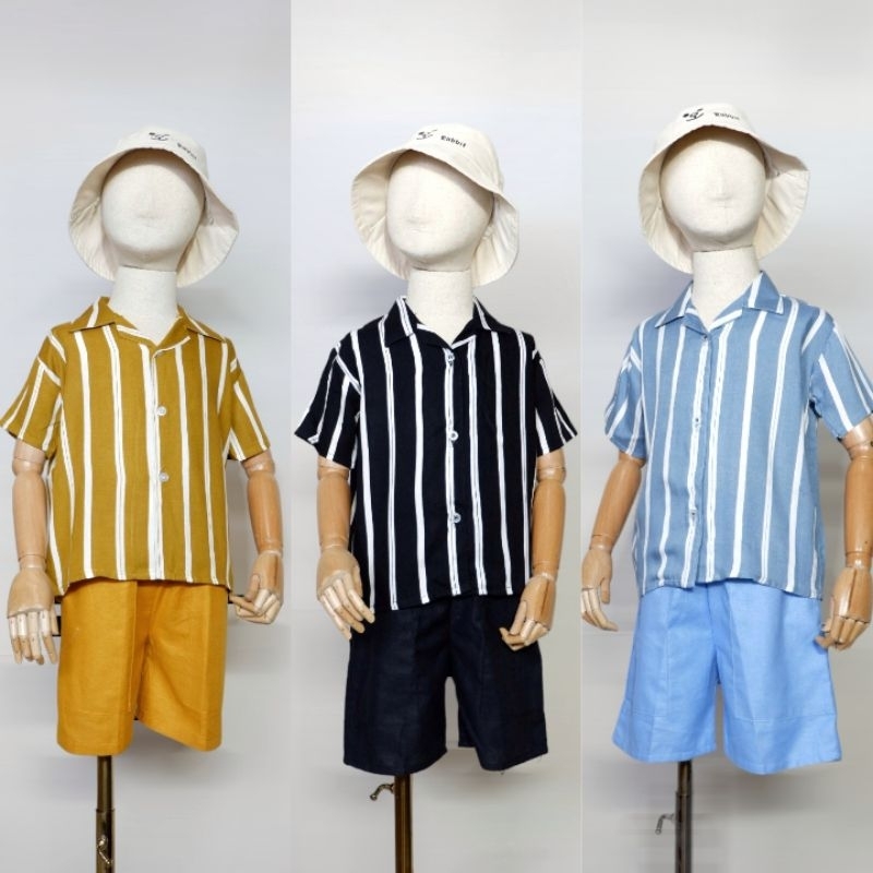 	 Baju Setelan Anak Laki-laki dan Perempuan Motif Salur Garis 1-5 Tahun Atasan Rayon Salur Celana Linen Rami	