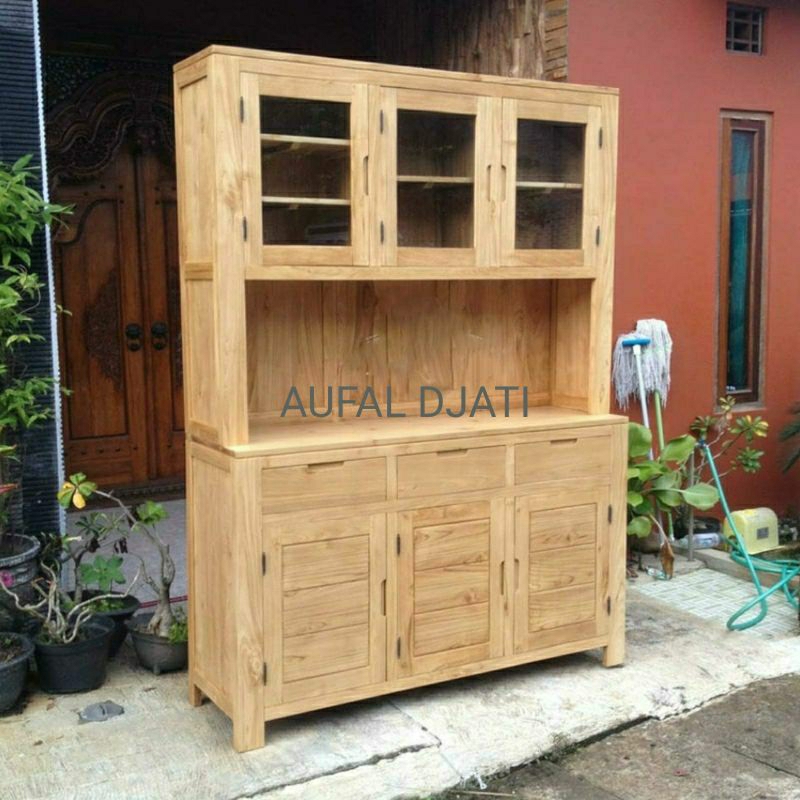 Lemari Dapur Jati Rak Piring Laci Murah Bufet Kabinet Drawer Wadah Sendok Teko Gelas Classic