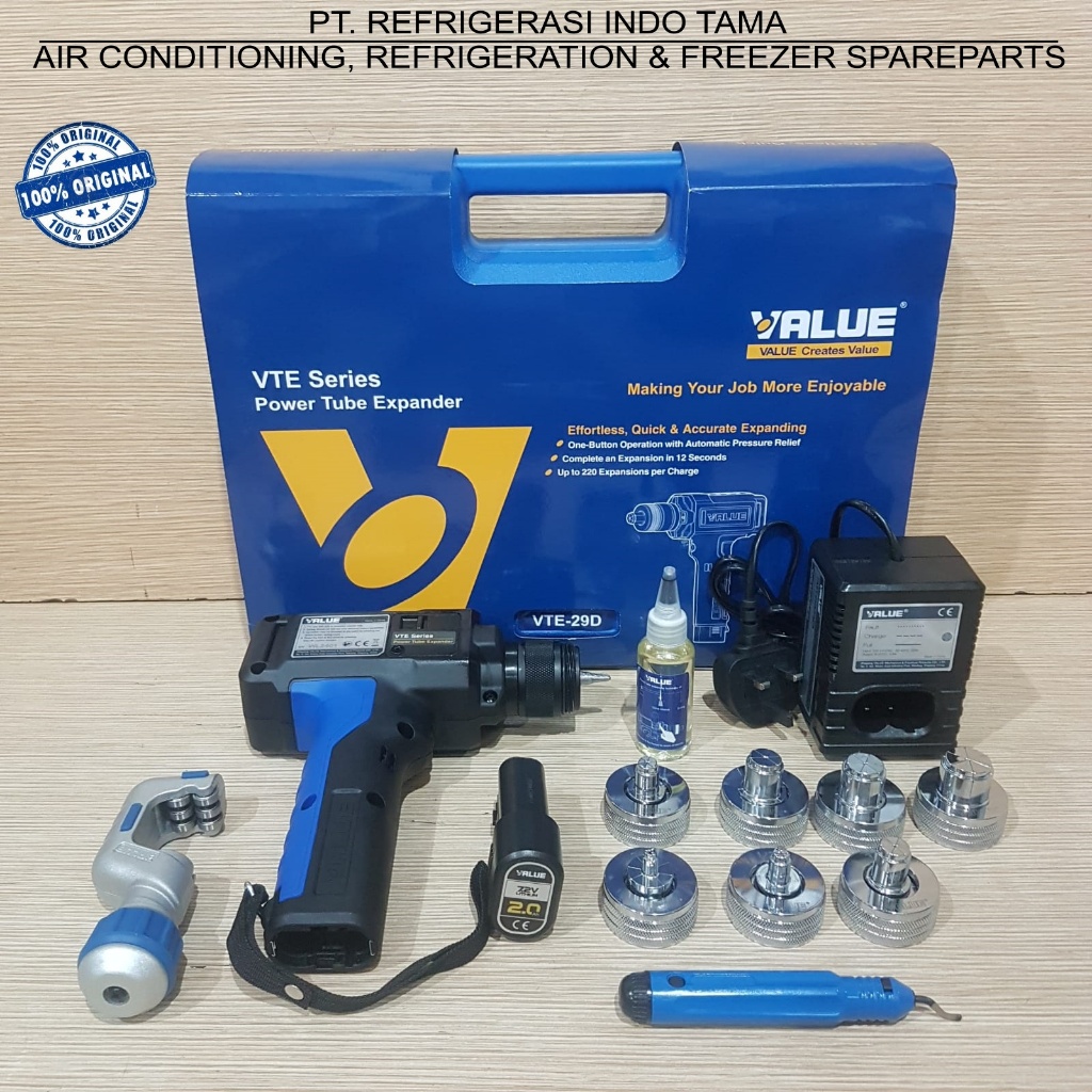 Power Tube Expander VALUE VTE-29D OD = 3/8" - 1 1/8" ( 7 Headers ) + Reamer VTT-5 + Cutter VTC-32