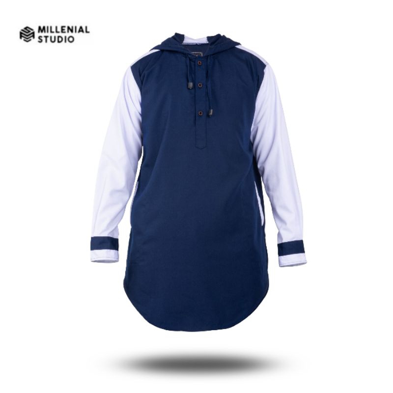KURTA HOODIE KATUN OXFORD LENGAN PANJANG BIRU NAVY | KOKO KURTA PAKISTAN BAJU MUSLIM GAMIS PRIA DEWA