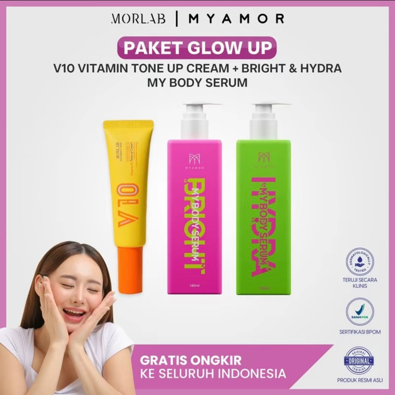 PAKET GLOW UP - V10 VITAMIN TONE UP CREAM (Pencerah wajah, Pengglowing dan pelembap) + MYAMOR BRIGHT