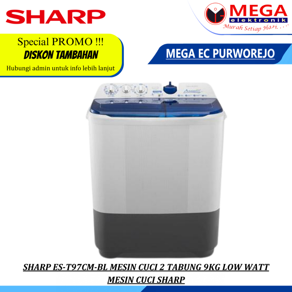 MESIN CUCI SHARP ES-T97CM-BL Mesin cuci 2 tabung 9kg low watt