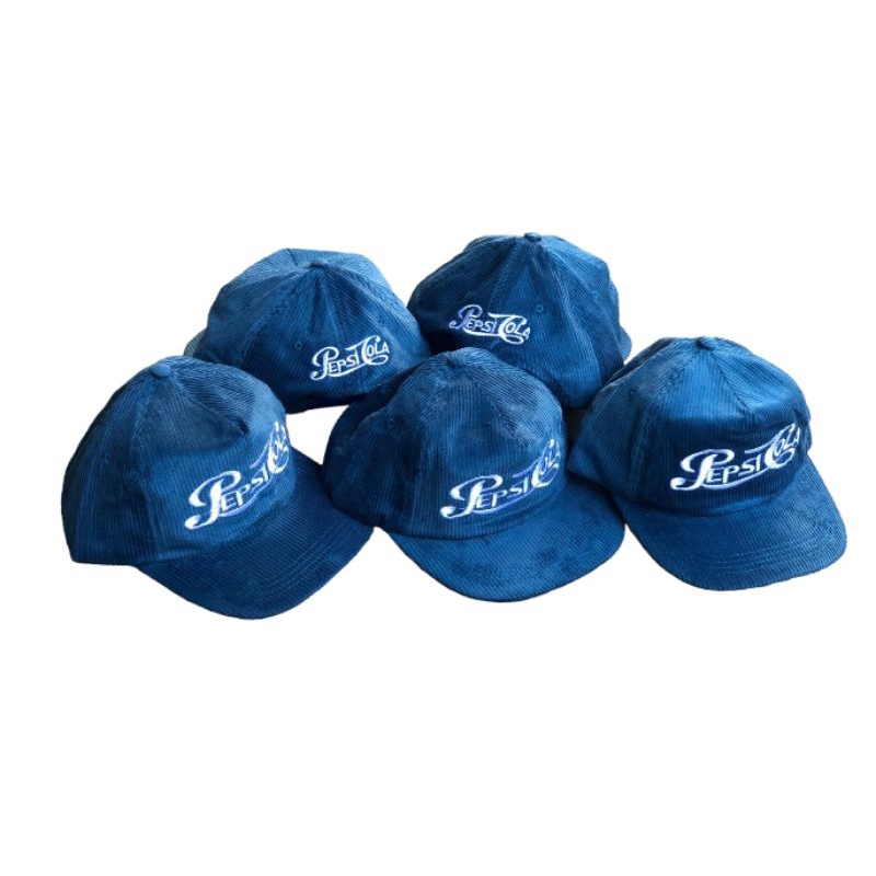Topi Vintage Six Panel Corduroy Pepsi-Cola Biru Skate Logo Putih Bordir Fornt Putih, Topi 5 Panel