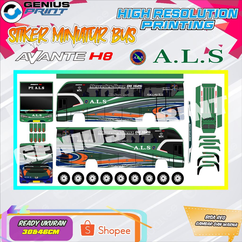 Stiker Mainan Miniatur Bus Sumatra Avante H8 Livery ALS | ANS | MPM | NPM | Pangeran | Sembodo | Sat