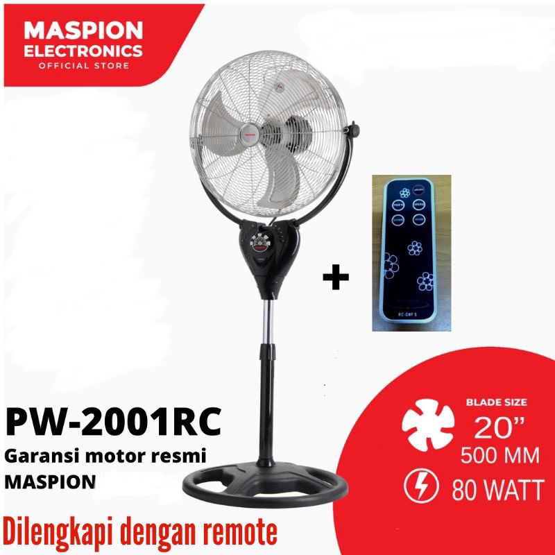 Stand fan tornado + REMOTE MASPION 20 inch. PW-2001 RC. kipas angin berdiri BESI