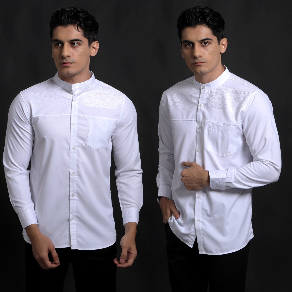 Casella Baju Koko Pria Lengan Panjang Premium Horizontal White | Koko Elegant Ismail Lengan Panjang