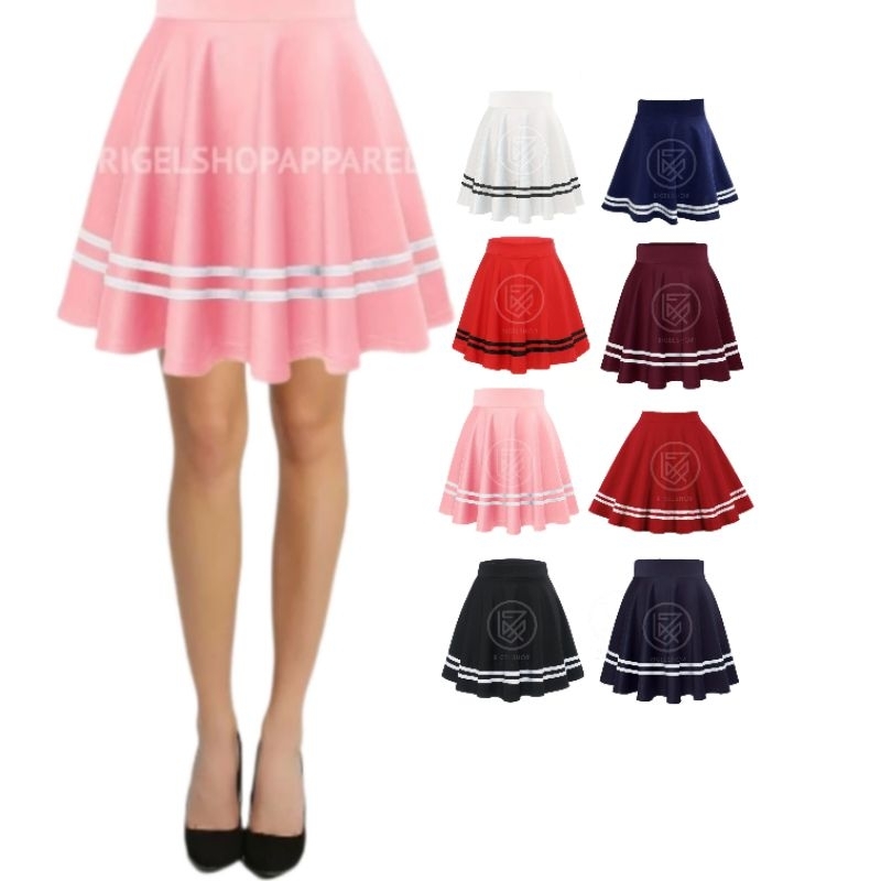Rok Mini Olahraga Outdoor Wanita Kasual List Strip Putih Bahan scuba