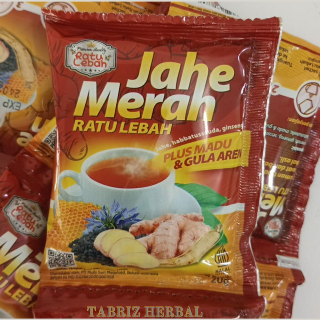 

Jahe Merah Ratu Lebah Dengan Gingseng - Secang - Habbatusauda - Madu & Gula Aren Renceng Jahe Merah AMH