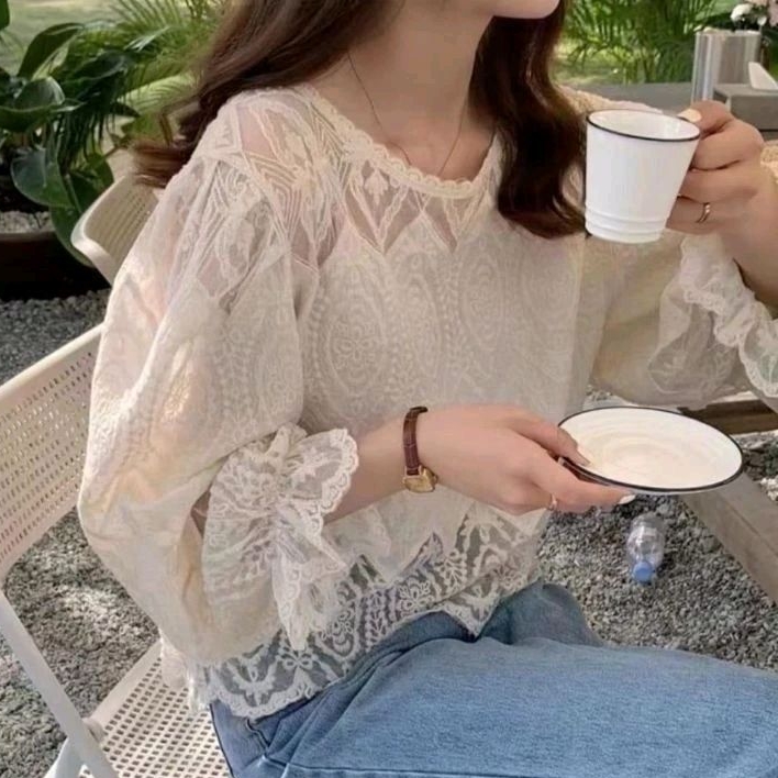 2905 Baju atasan BLOUSE SHEMIRA EMBROIDERED LACE BROKAT TOP PREMIUM putih Korea Korean style wanita 