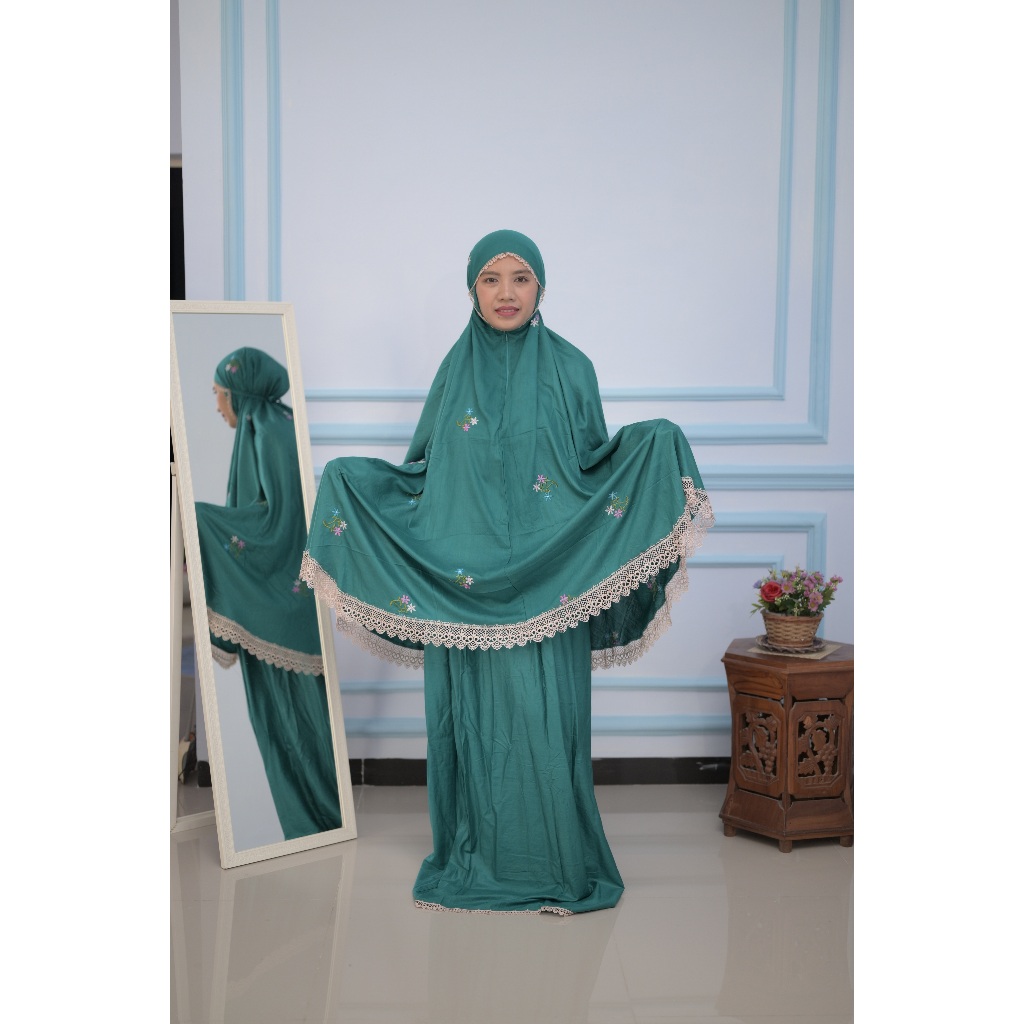 Mukena Setelan Bordir Renda - Mukena Dewasa Setelan Rayon Bordir Bunga Renda Berkualitas