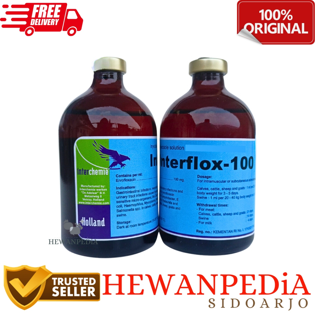 INTERFLOX 100 ml Injeksi Hewanpedia - Enrofloxacin Hewan Antibiotik Pernafasan Pencernaan