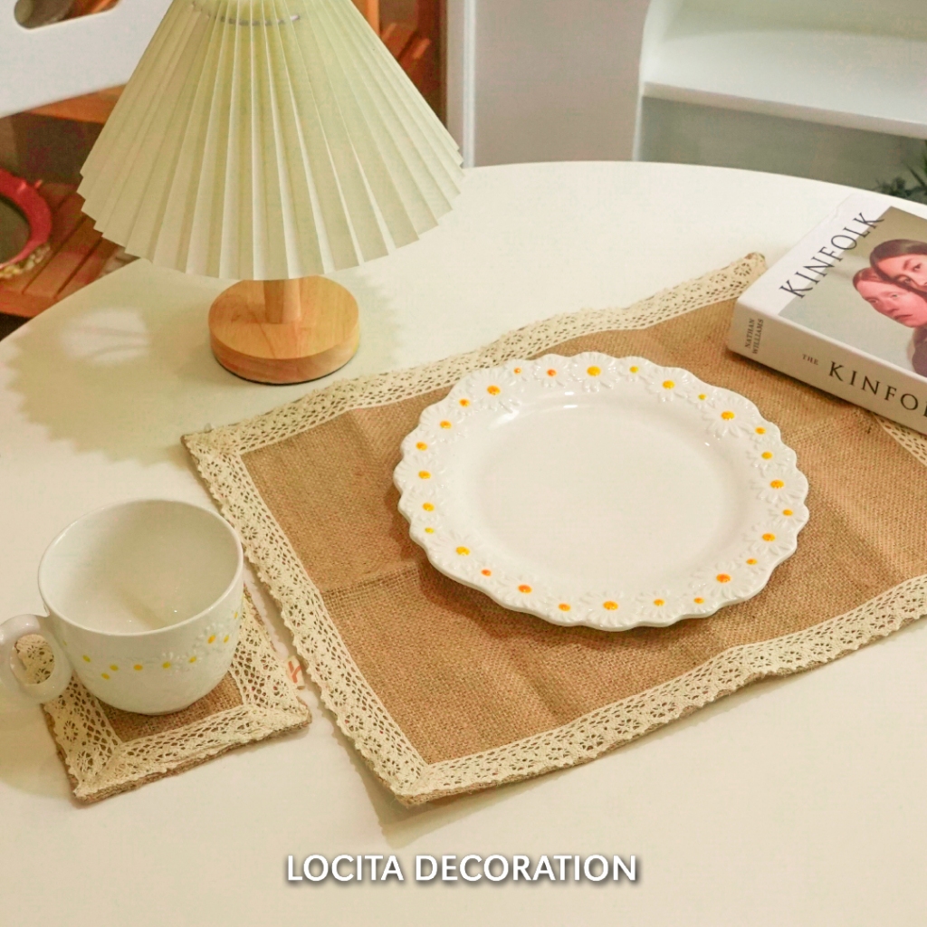 Napkin Kain Burlap Placemat Renda/Tatakan Piring Kain Goni Aesthetic ala Korea/Alas Piring Kain/Prop