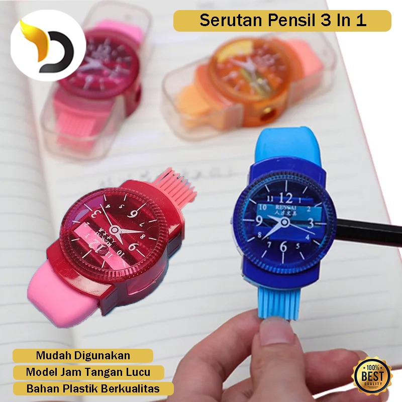 

Serutan Pensil 3 in 1 Penghapus Pencil Serbaguna Model Jam Tangan Murah Rautan Sekolah