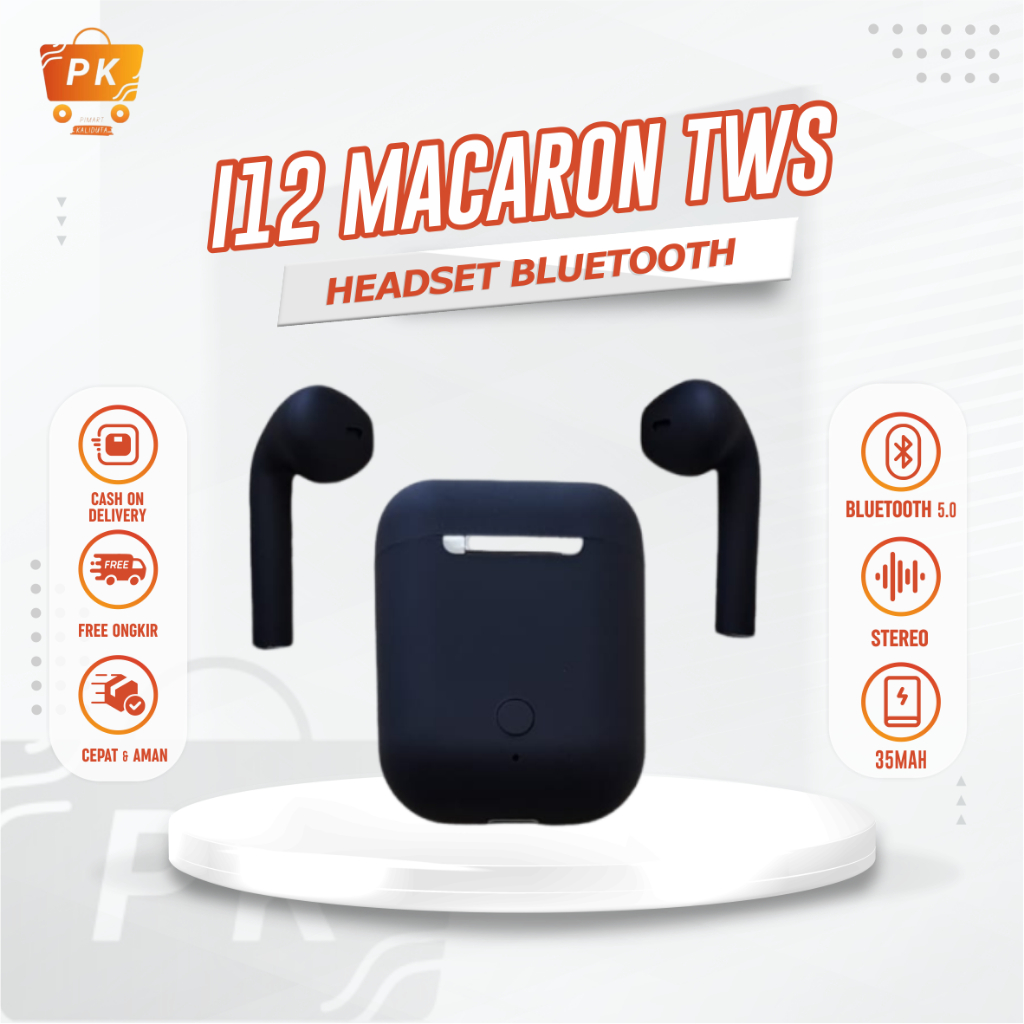 Headset Inpods i12 Macaron TWS Bluetooth V5.0 Earphone Wireless Warna Hitam Putih