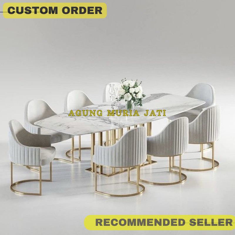 Meja Makan Marmer Asli Mewah 8 Kursi