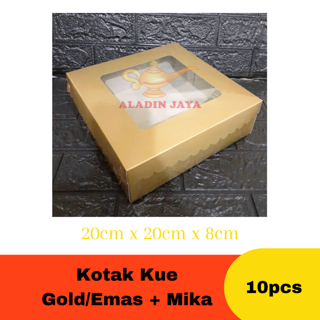 Kotak Kue Gold / Emas + Mika ukuran 20cm x 20cm x 8cm