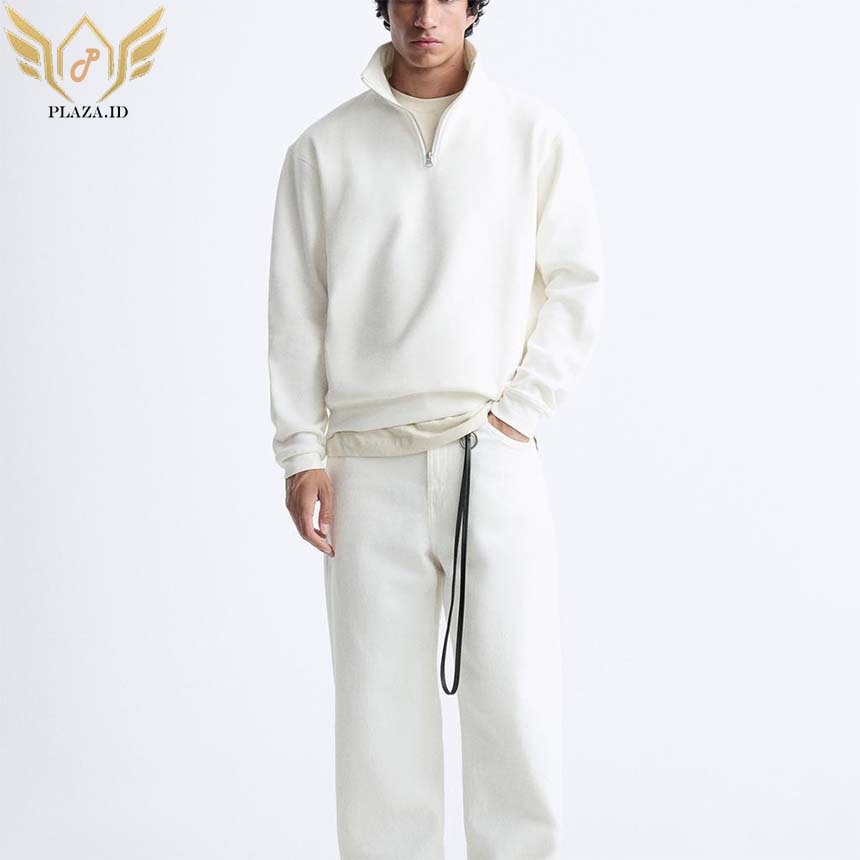 Half Zip Sweater Jaket Sweater Kerah Kombinasi PUTIH Oversize S-6XL