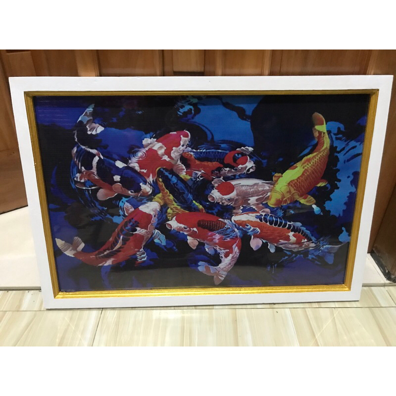 hiasan dinding gambar ikan Koi fengshui plus bingkai