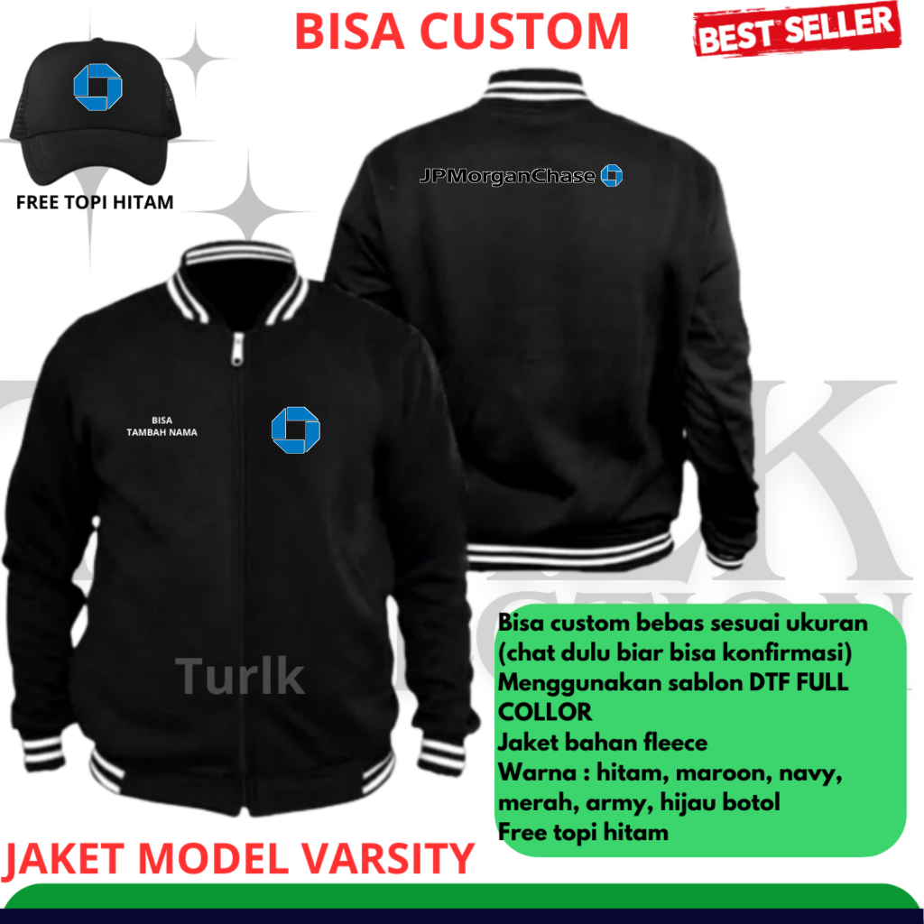 Jaket Bank JP Morgan Chase Jaket Varsity Bisa Custom Free Topi Hitam