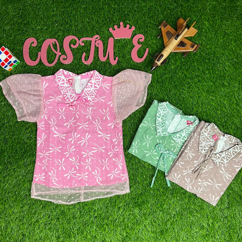 Batik Costume Blouse Batik Anak Capung Berlapis Tile Dot Bagus Mewah Lucu Unik Cantik Pink Hijau Cok