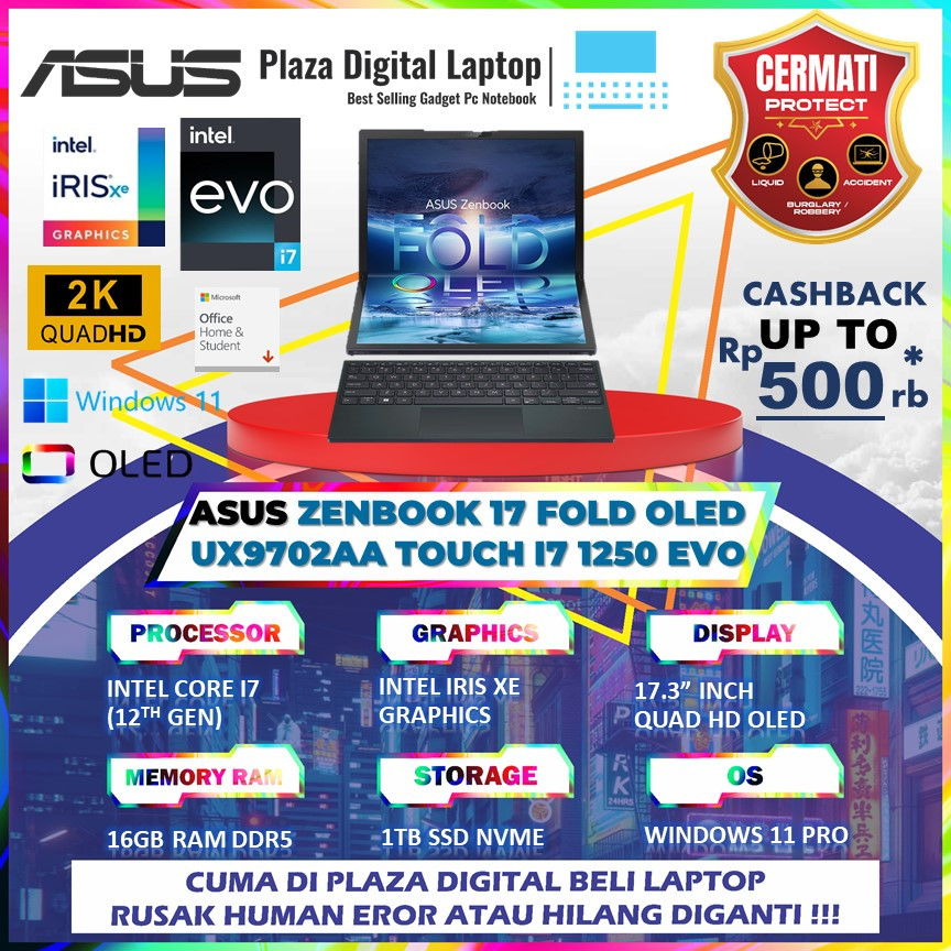 Asus Zenbook 17 Fold Oled UX9702aa Touchscreen Intel Core i7 Gen12 16gb 1tb Win11Pro 17.3 2.5K