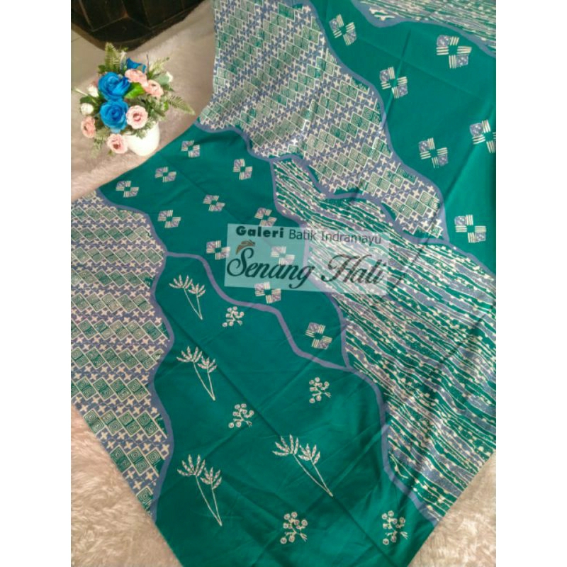 Batik cap kain bahan baju motif pulauan hijau tosca Senang hati batik