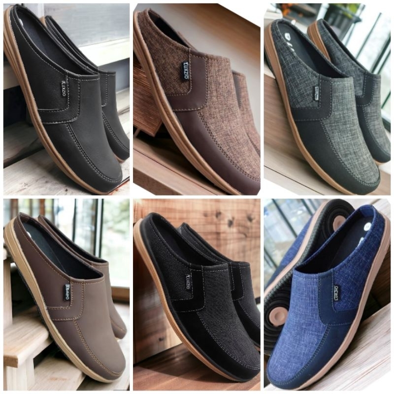 Sandal Selop Bustong Pria Slip On Jeans Slop Kasual Kulit Sintetis Premium Sol Lentur Kanvas Cowok