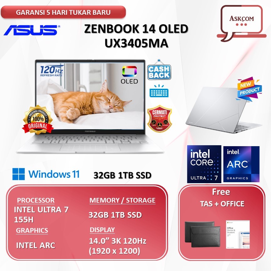 Laptop Asus Zenbook 14 Oled Touch UX3405MA Ultra 7 155H 32GB 1TB SSD W11 OHS21 14.0 3K 120HZ OLEDS714T