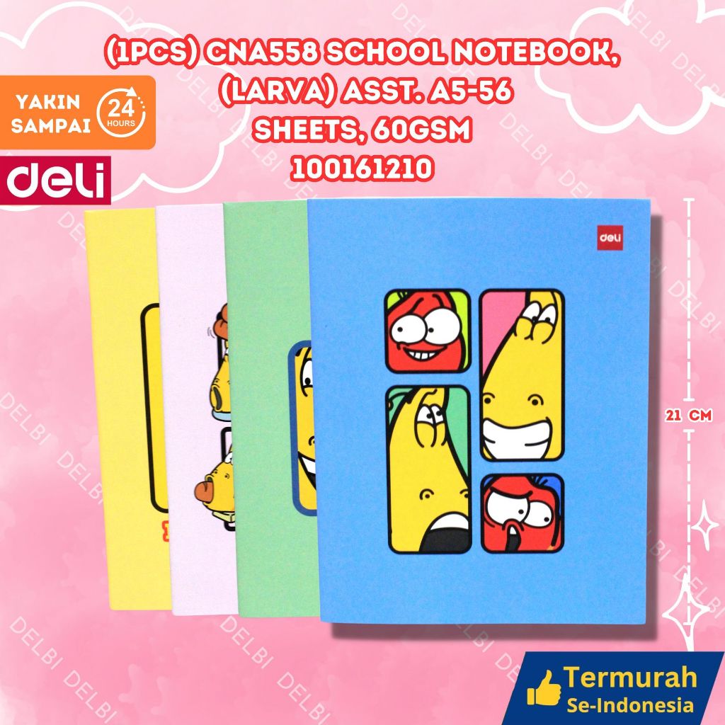 

Deli Writing Book / Notebook / Buku Tulis Sekolah A5/B5 38/42/58 Lembar CNA538 CNA558 CNB542 (1PCS) CNA558 SCHOOL NOTEBOOK (LARVA) ASST. A5-56 SHEETS, 60 GSM