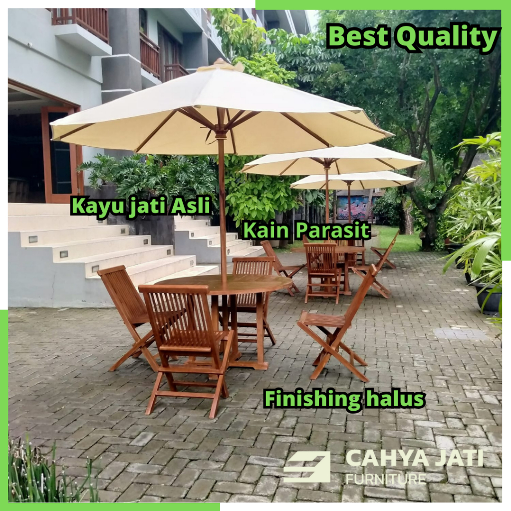 Set Meja Payung Taman cafe Outdoor Tenda Payung Cafe Kayu Jati 4 Kursi Lipat Jati