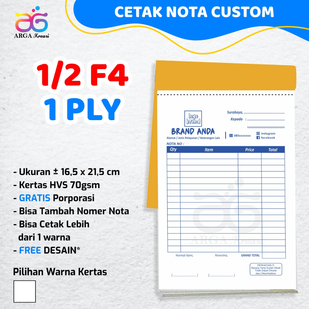 

Cetak Nota Custom 1/2 F4 / A5 Rangkap 1 Ply NCR Bon Surat Jalan Tanda Terima
