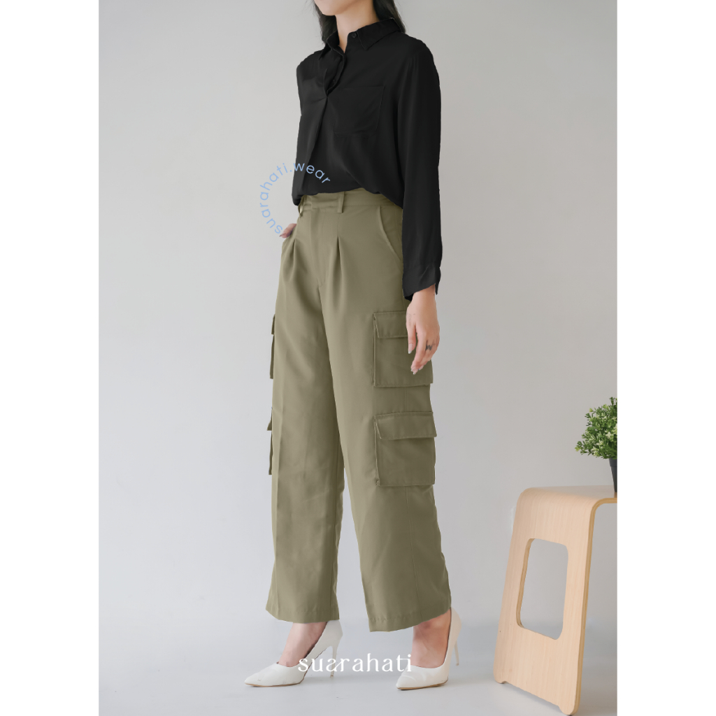 Suarahati - Luna Cargo Pants Celana Kargo Panjang Wanita / Bawahan Kulot Highwaist HW Crinkle Polos Casual Santai