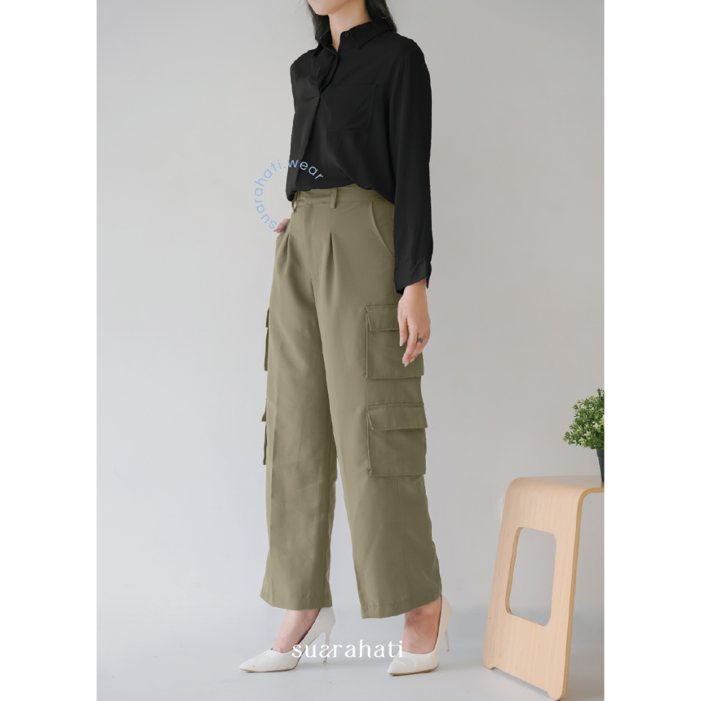 Suarahati - Luna Cargo Pants Celana Kargo Panjang Wanita / Bawahan Kulot Highwaist HW Crinkle Polos 
