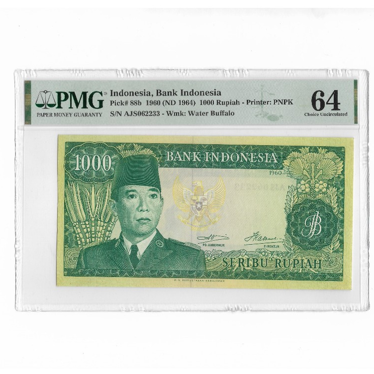 Indonesia 1000 Rupiah 1960 Soekarno P88b PMG 64 Choice Uncirculated WM Buffalo