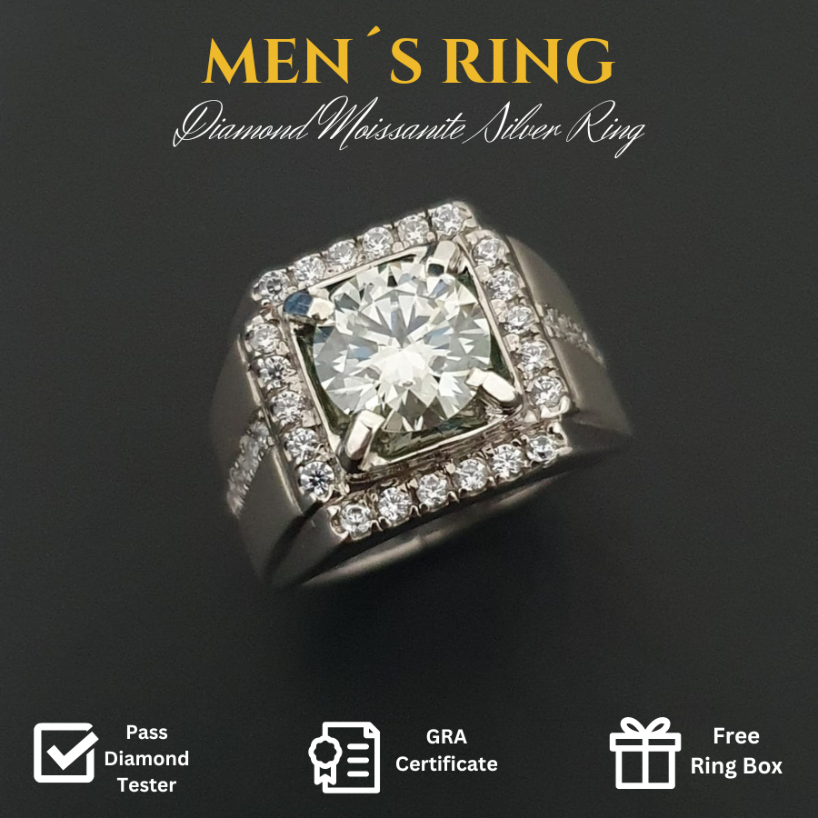 Cincin Pria Premium Quality Berlian Moissanite Men's Silver Ring Perak