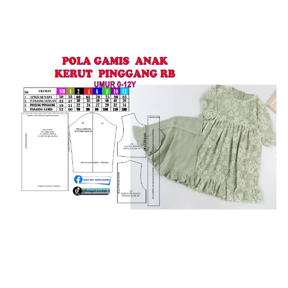 POLA JIPLAK GAMIS KERUT PINGGANG ANAK NB-12 THN POLA JAHIT
