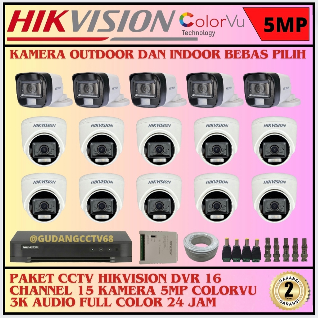 Paket CCTV HIKVISION 16 Channel 15 Camera HIKVISION 5MP Colorvu 3K Full Colour AUDIO SERIES Komplit