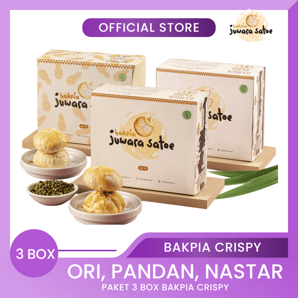 

BAKPIA JUWARA SATOE [ 3 Box ] Paket Bakpia Crispy (Original, Pandan, Nastar) - Oleh Oleh Khas Jogja