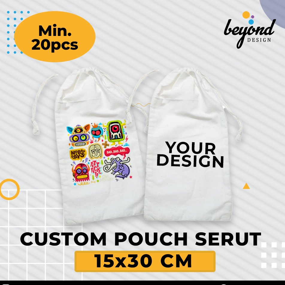 Pouch Serut Blacu Custom Logo/Gambar Souvenir Packaging uk 15x30cm
