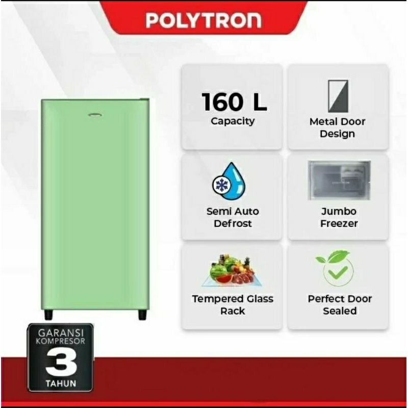Polytron PRG 16KCG Lemari Es 1 Pintu Belleza Metal Kulkas 160 L Garansi Resmi SNI