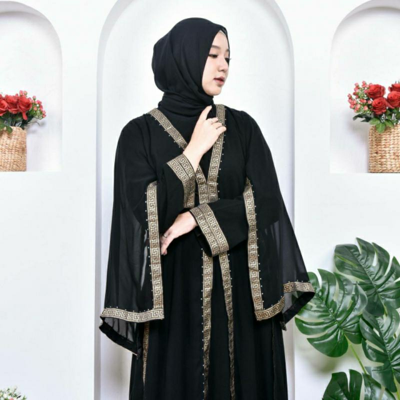 Gamis Abaya Hitam Maxi Dress Arab Saudi Bordir Bunga Turkey India Wanita