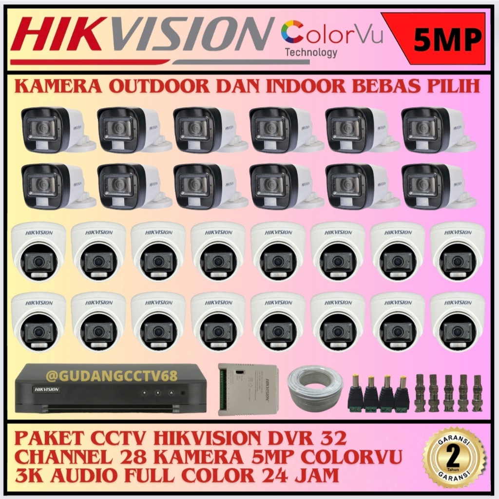 PAKET CCTV HIKVISION DVR 32 CHANNEL 28 CAMERA HIKVISION 5MP FULL COLOUR 3K COLORVU AUDIO SERIES