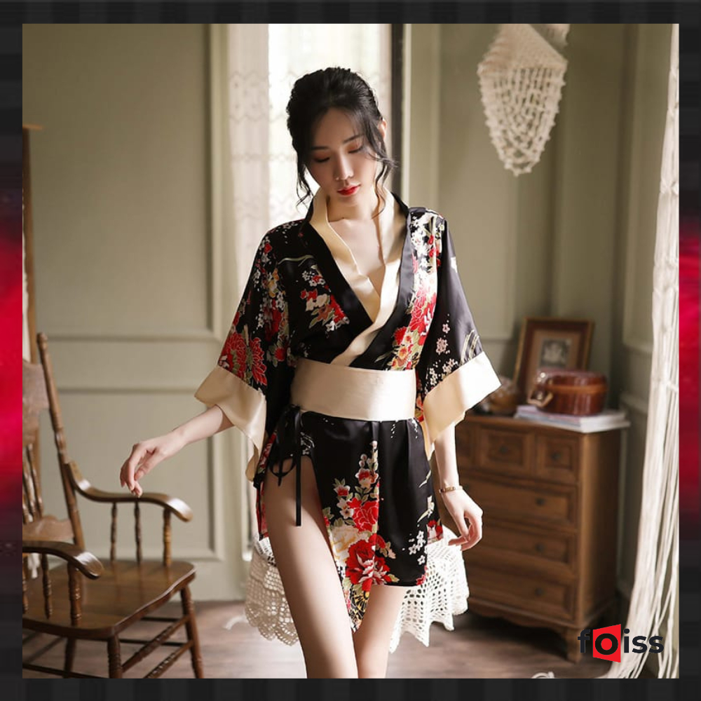 Foiss Kimono Jepang Cosplay Lingerie Bahan Satin Motif Bunga 3080