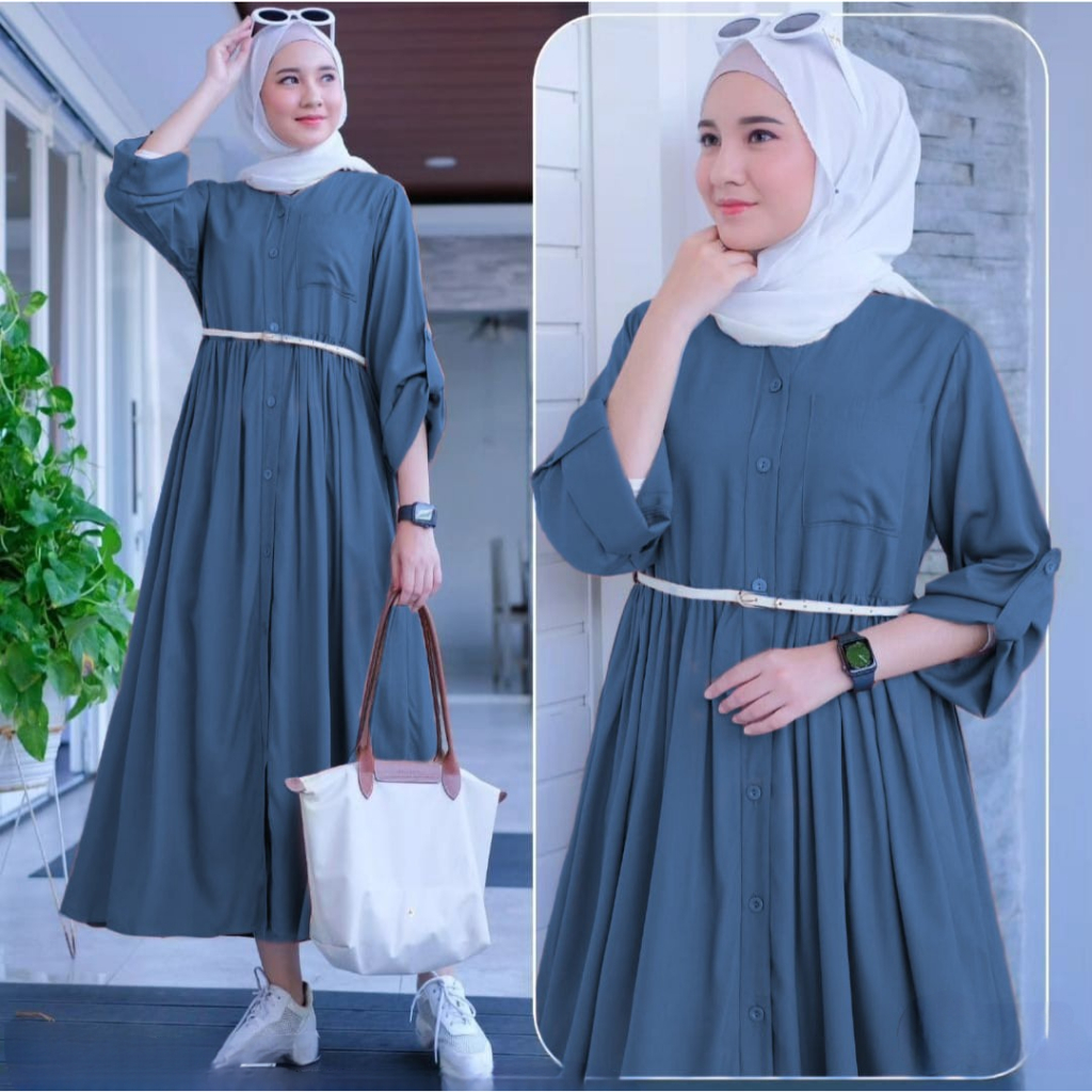 Baju Gamis dress wanita terlaris Gamis polos bahan Crinkle Dafina midi dress simple fashionable